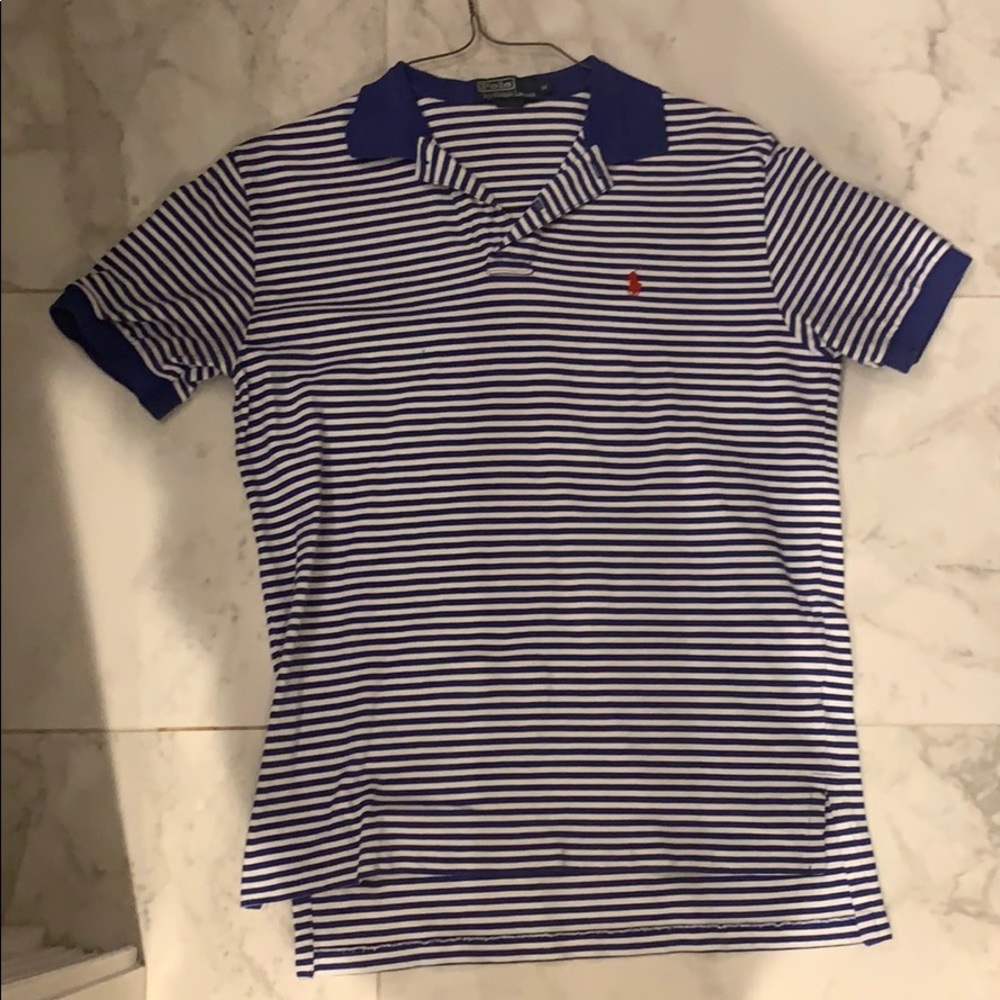 Men’s blue and white striped polo